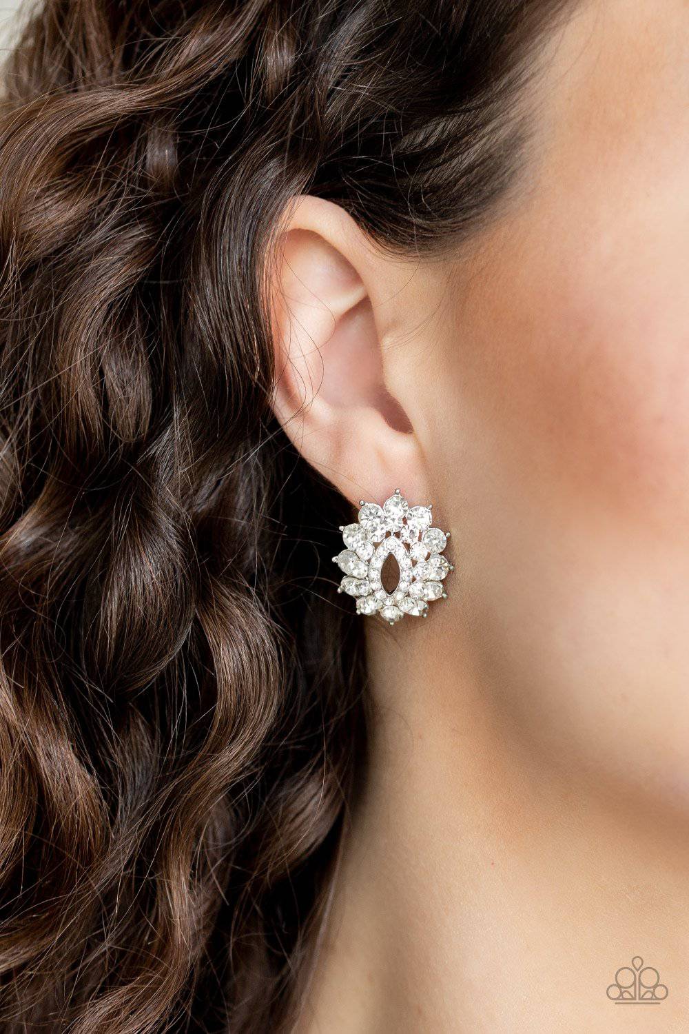 Brighten The Moment - White Rhinestone Earrings- Paparazzi Accessories - GlaMarous Titi Jewels