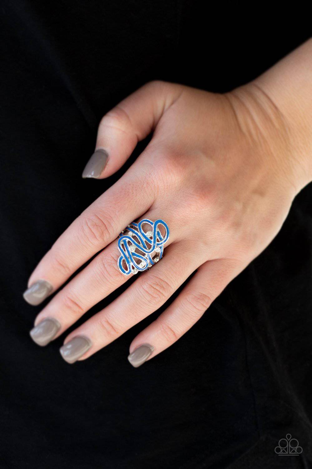 The Run-Around - Blue Rhinestone Ribbon Ring - Paparazzi Accessories - GlaMarous Titi Jewels