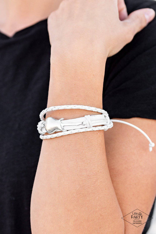 Lead Guitar - White Leather Bracelet- Paparazzi Accessories - GlaMarous Titi Jewels