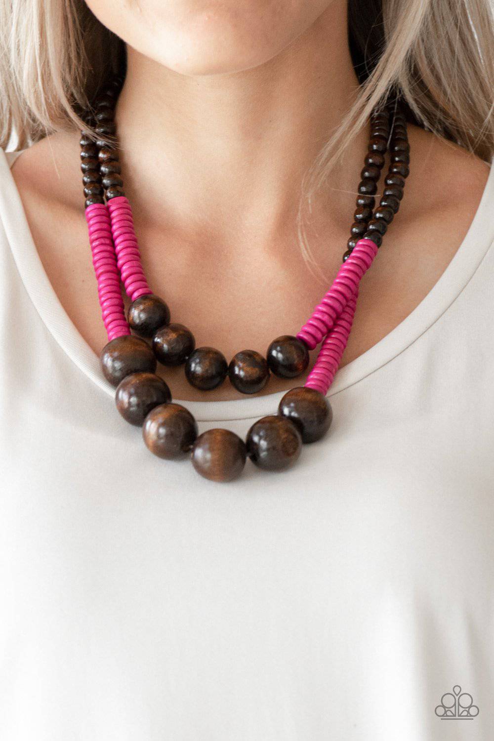 Cancun Cast Away - Pink and Brown Wood Necklace- Paparazzi Accessories - GlaMarous Titi Jewels