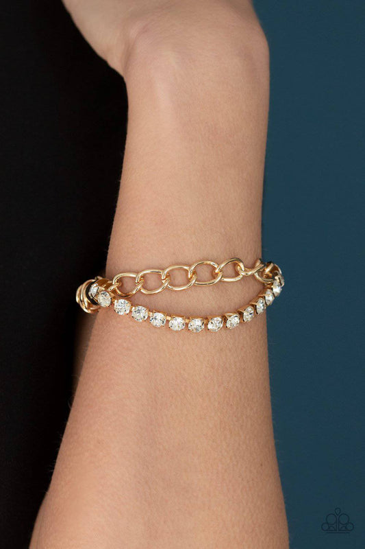 Glamour Grid - Gold Rhinestone Stretchy Bracelet- Paparazzi Accessories - GlaMarous Titi Jewels