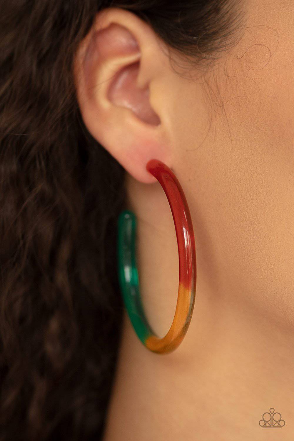 Awesome Aura - Multi red, Yellow & Blue Acrylic Hoop Earrings - Paparazzi Accessories - GlaMarous Titi Jewels
