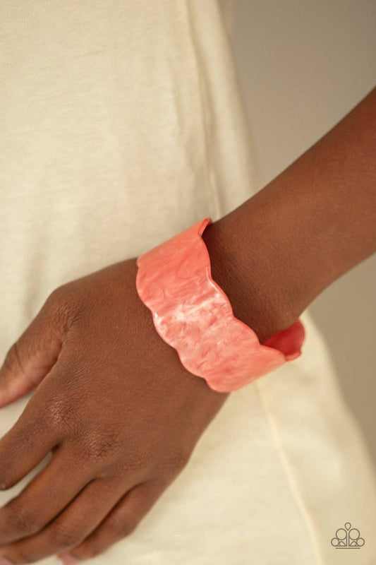 Retro Ruffle - Coral Orange Acrylic Cuff Bracelet - Paparazzi Accessories - GlaMarous Titi Jewels