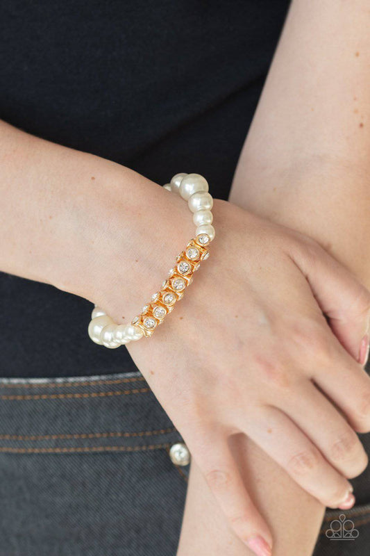 Traffic-Stopping Sparkle - Gold Pearl & Rhinestone Bracelet - Paparazzi Accessories - GlaMarous Titi Jewels