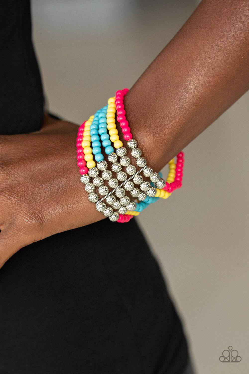 LAYER It On Thick - Pink, Yellow & Blue Bead Stretchy Bracelet - Paparazzi Accessories - GlaMarous Titi Jewels