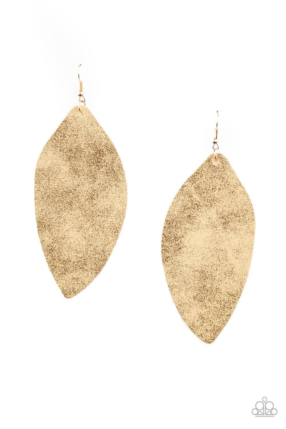 Serenely Smattered - Gold Shimmer Leather Earrings - Paparazzi Accessories - GlaMarous Titi Jewels