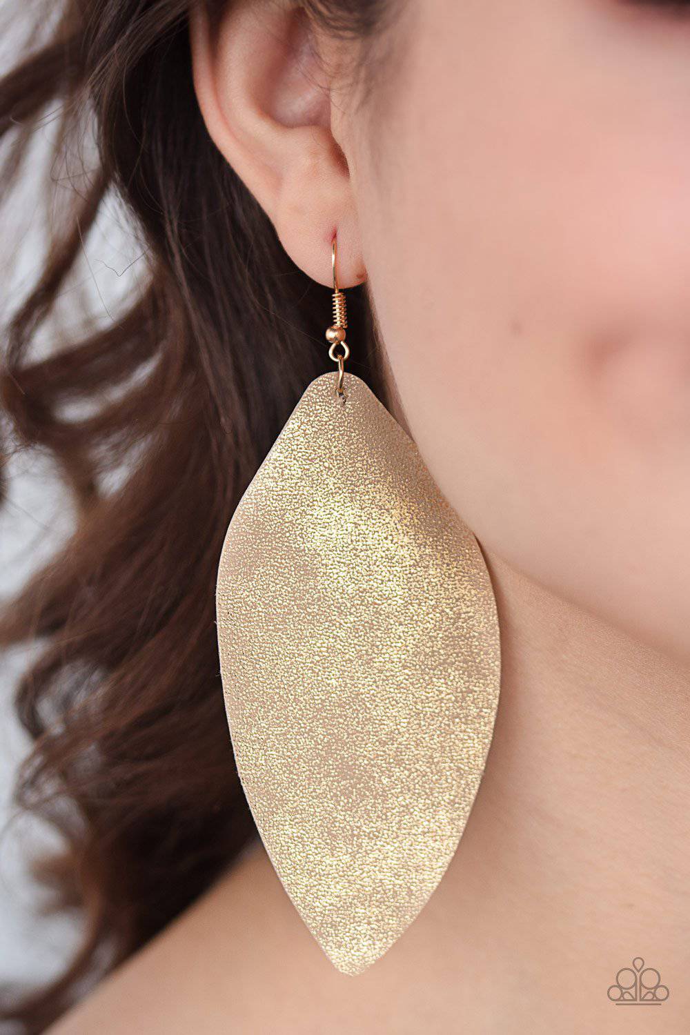 Serenely Smattered - Gold Shimmer Leather Earrings - Paparazzi Accessories - GlaMarous Titi Jewels