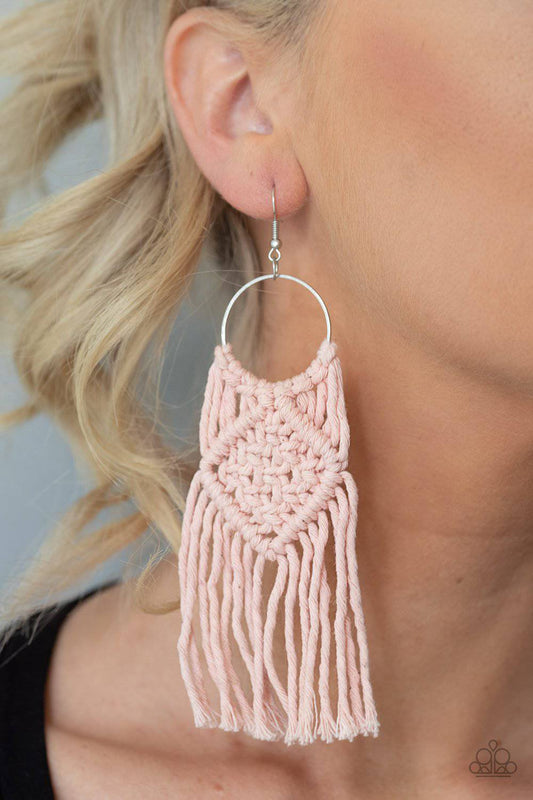 Macrame Rainbow - Pink Fringe Earrings - Paparazzi Accessories - GlaMarous Titi Jewels