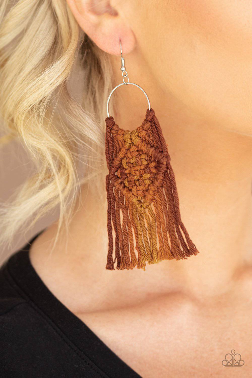 Macrame Rainbow - Brown & Orange Fringe Earrings - Paparazzi Accessories - GlaMarous Titi Jewels