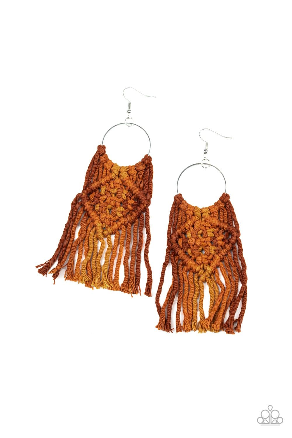 Macrame Rainbow - Brown & Orange Fringe Earrings - Paparazzi Accessories - GlaMarous Titi Jewels