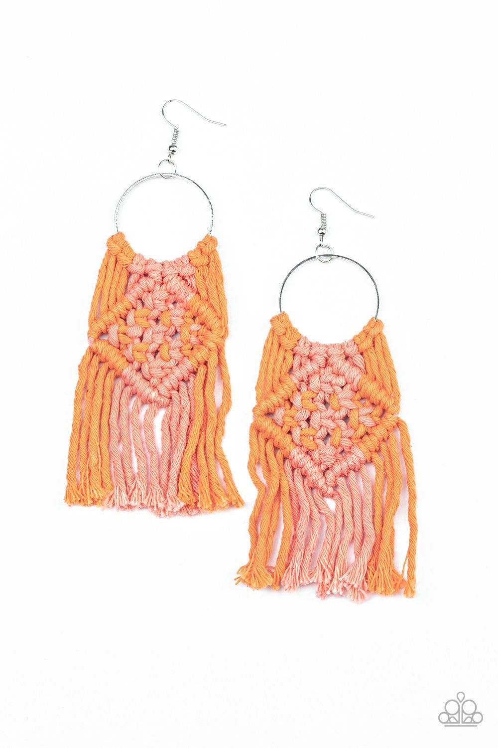 Macrame Rainbow - Orange & Coral Fringe Earrings - Paparazzi Accessories - GlaMarous Titi Jewels