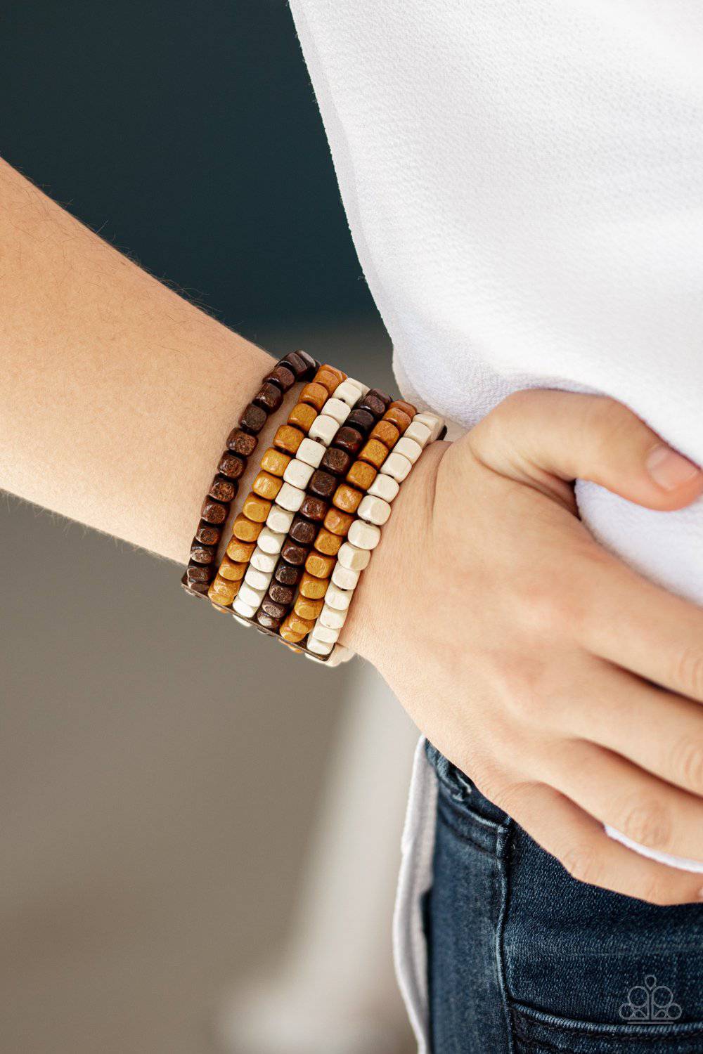 Tropical Tundra - Brown Tan & White Wooden Bracelet - Paparazzi Accessories - GlaMarous Titi Jewels