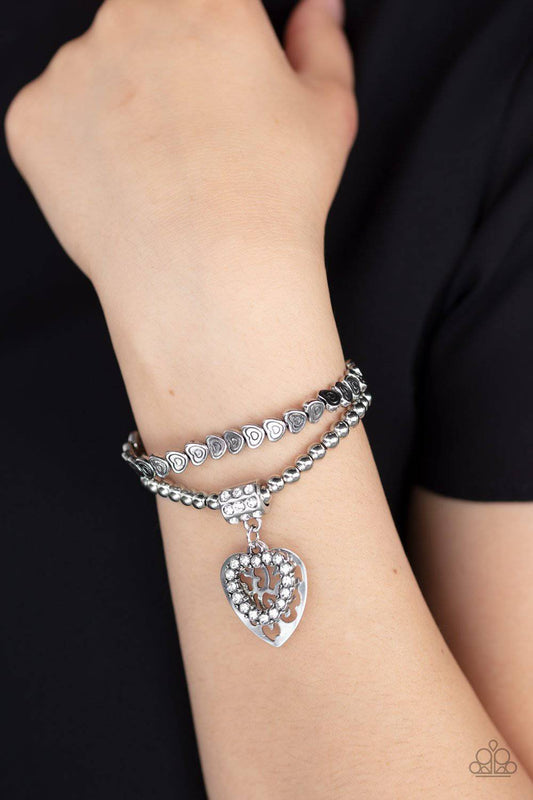 Think With Your Heart - White Heart Rhinestone Stretchy Bracelet - Paparazzi Accessories - GlaMarous Titi Jewels