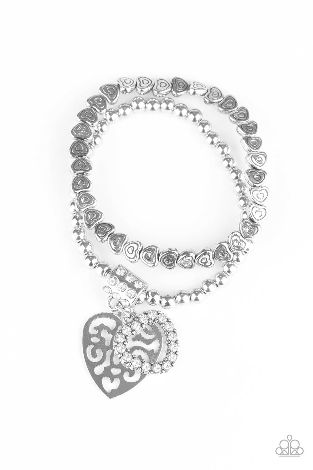 Think With Your Heart - White Heart Rhinestone Stretchy Bracelet - Paparazzi Accessories - GlaMarous Titi Jewels