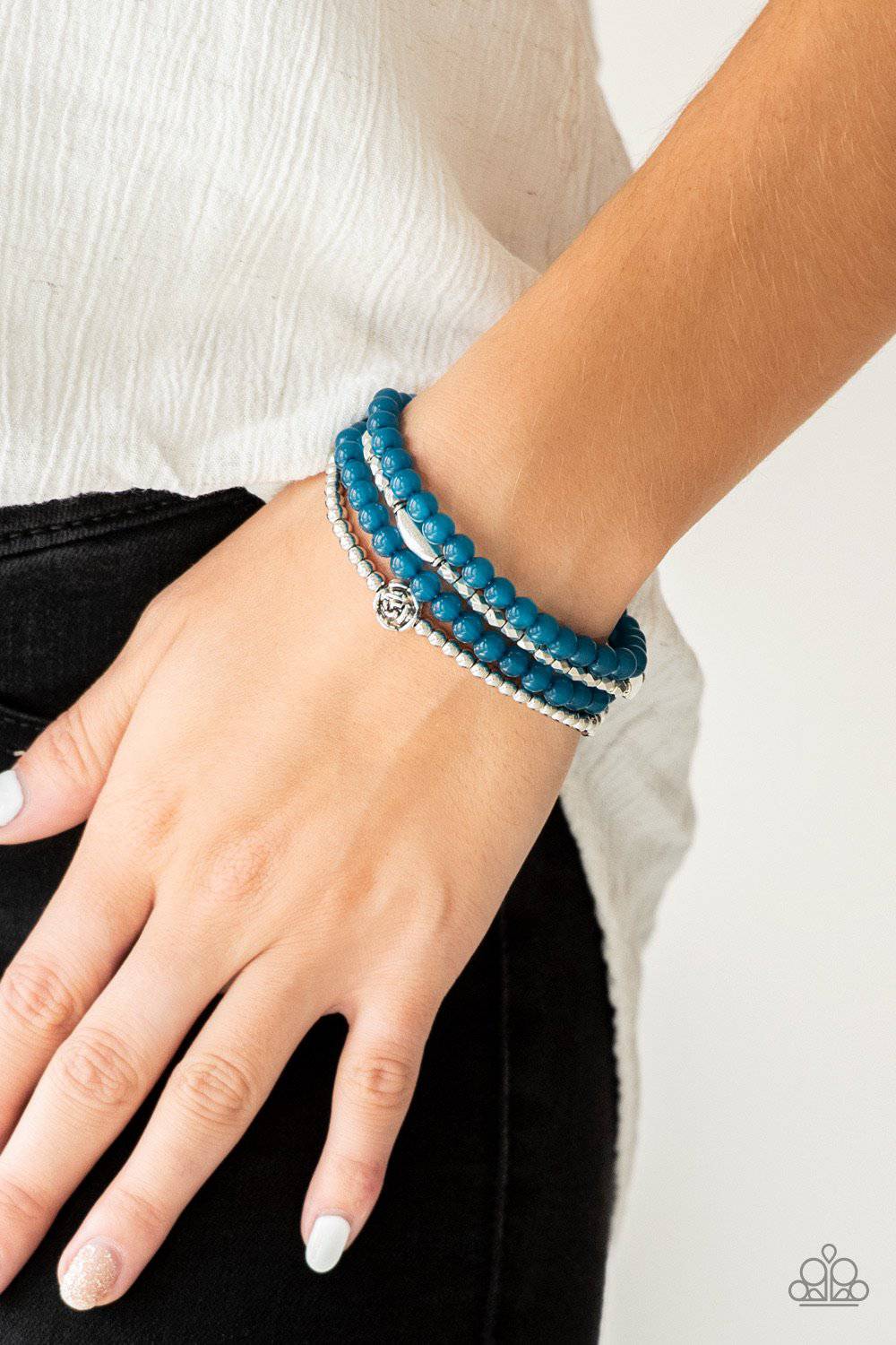 Blooming Buttercups - Blue Glassy Bead Stretchy Bracelet - Paparazzi Accessories - GlaMarous Titi Jewels