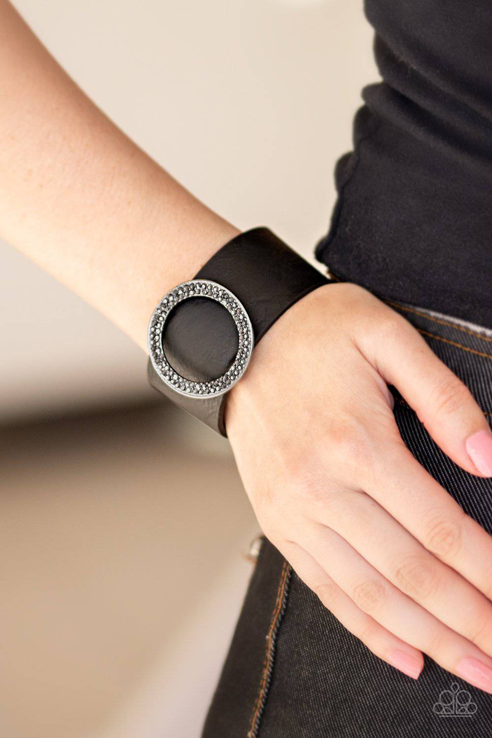 RING Them In - Black Hematite Rhinestone Leather Bracelet - Paparazzi Accessories - GlaMarous Titi Jewels