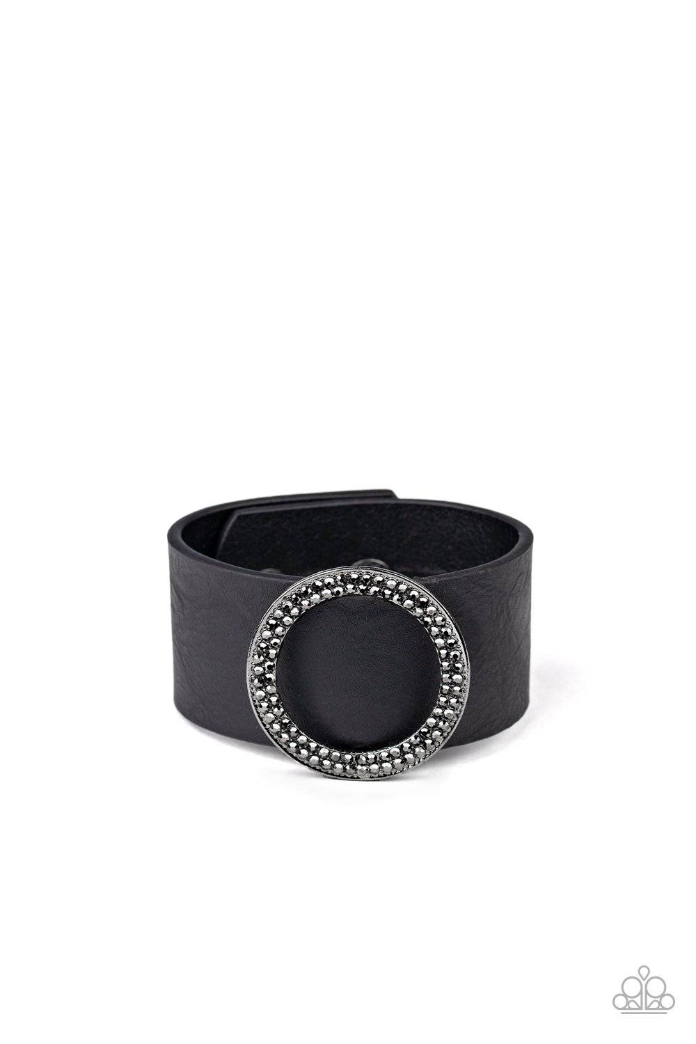 RING Them In - Black Hematite Rhinestone Leather Bracelet - Paparazzi Accessories - GlaMarous Titi Jewels