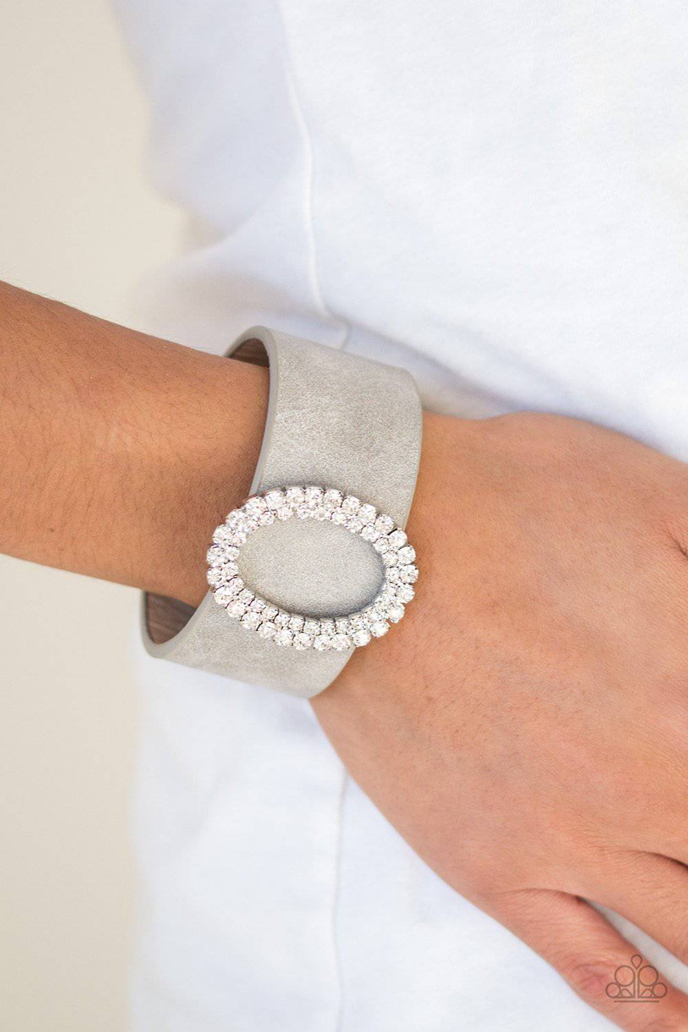 Center Stage Starlet - Silver Rhinestone Leather Wrap Bracelet - Paparazzi Accessories - GlaMarous Titi Jewels