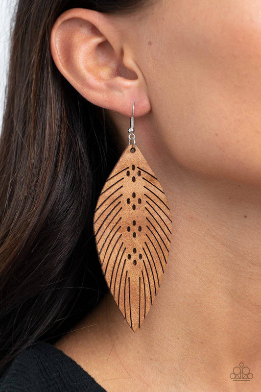 Wherever The Wind Takes Me - Brown Leather Feather Earrings - Paparazzi Accessories - GlaMarous Titi Jewels