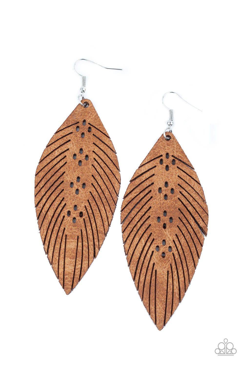 Wherever The Wind Takes Me - Brown Leather Feather Earrings - Paparazzi Accessories - GlaMarous Titi Jewels