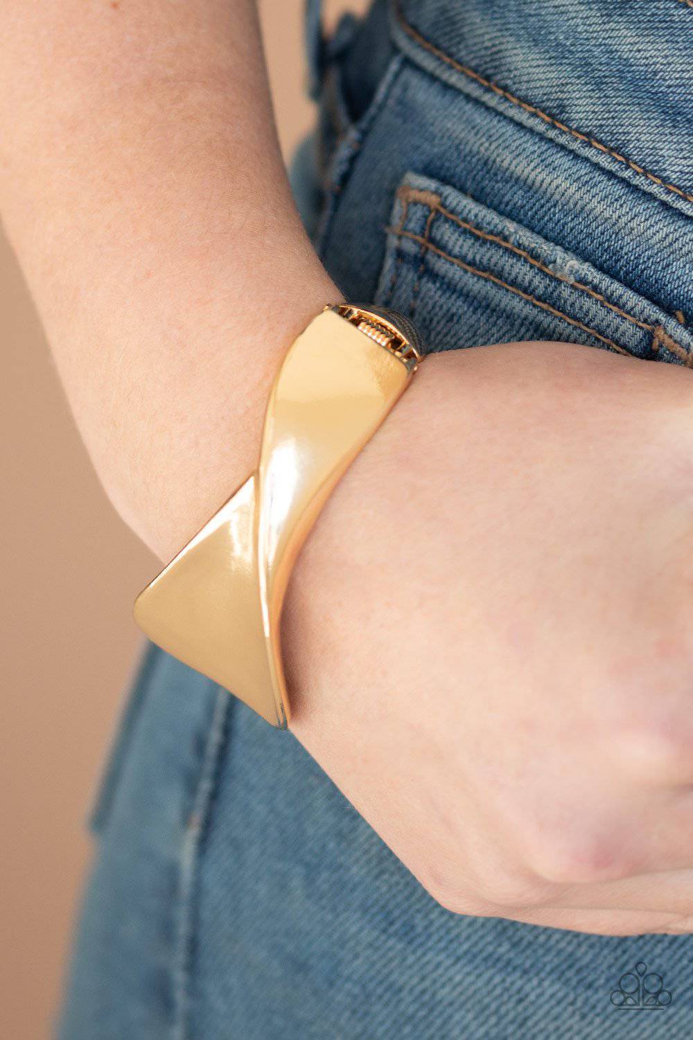 Retro Reflections - Gold Wavy Cuff Hinged Bracelet - Paparazzi Accessories - GlaMarous Titi Jewels