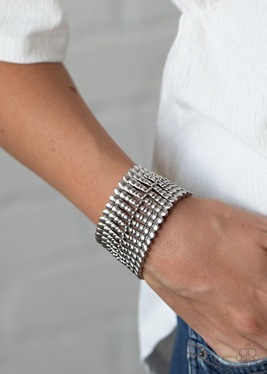 Level The Field - Silver Stretchy Bracelet - Paparazzi Accessories - GlaMarous Titi Jewels