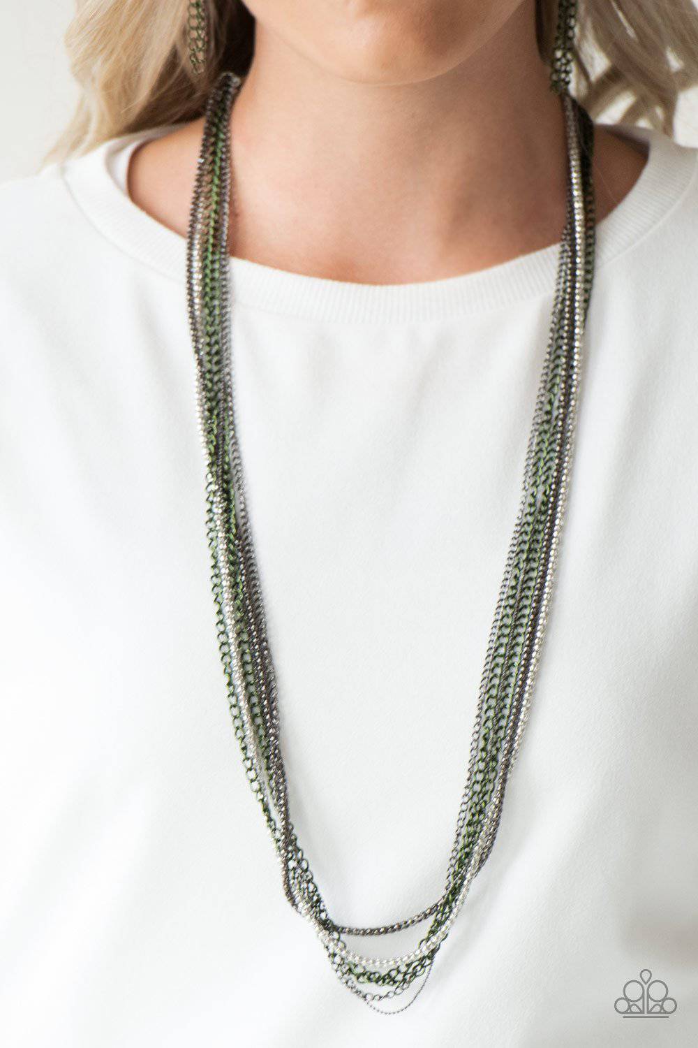 Colorful Calamity - Green Gunmetal Silver Chain Necklace - Paparazzi Accessories - GlaMarous Titi Jewels