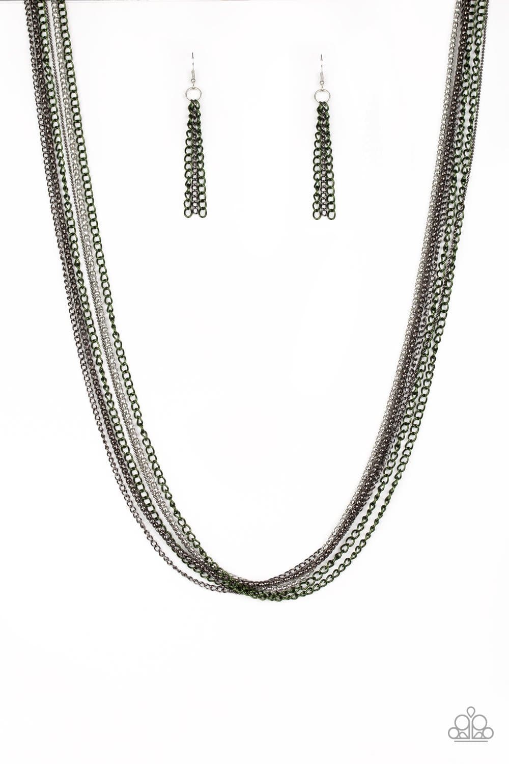 Colorful Calamity - Green Gunmetal Silver Chain Necklace - Paparazzi Accessories - GlaMarous Titi Jewels