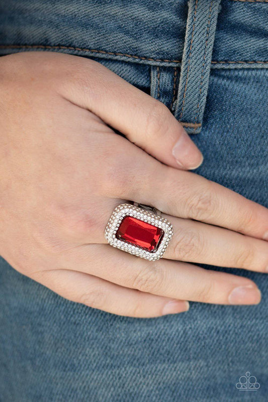 A Grand STATEMENT-MAKER - Red Emerald Cut Rhinestone Ring - Paparazzi Accessories - GlaMarous Titi Jewels