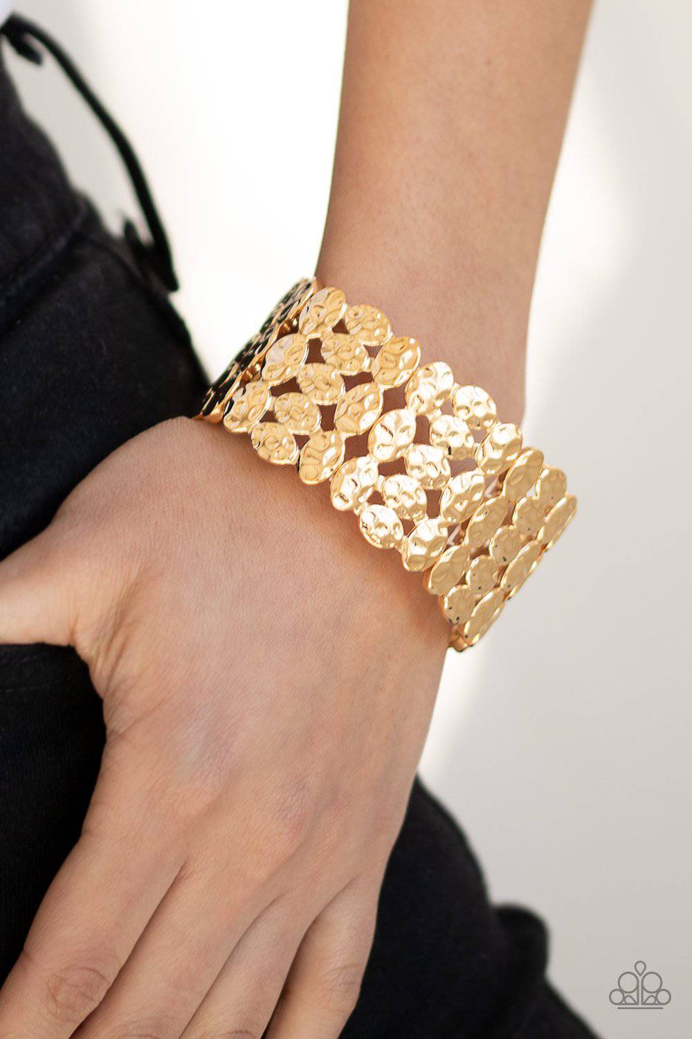 Tectonic Texture - Gold Hammered Stretchy Bracelet - Paparazzi Accessories - GlaMarous Titi Jewels