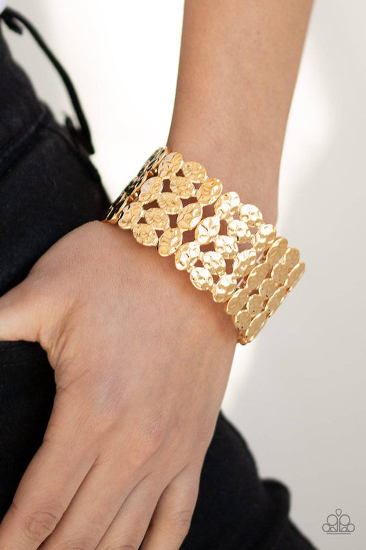 Tectonic Texture - Gold Hammered Stretchy Bracelet - Paparazzi Accessories - GlaMarous Titi Jewels