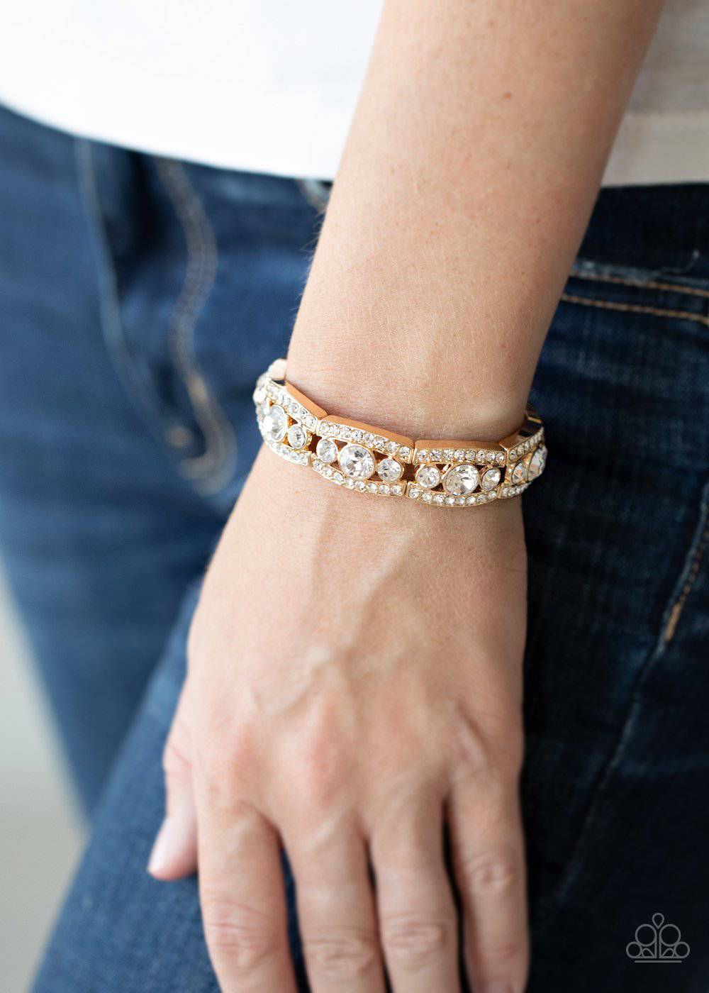 Easy On The ICE - Gold Rhinestone Bracelet - Paparazzi Accessories - GlaMarous Titi Jewels