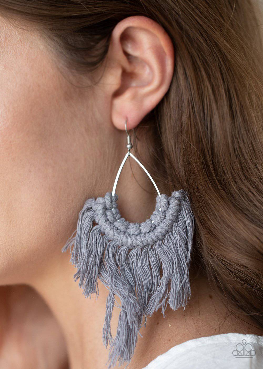 Wanna Piece Of MACRAME? - Silver Teardrop Fringe Earrings - Paparazzi Accessories - GlaMarous Titi Jewels