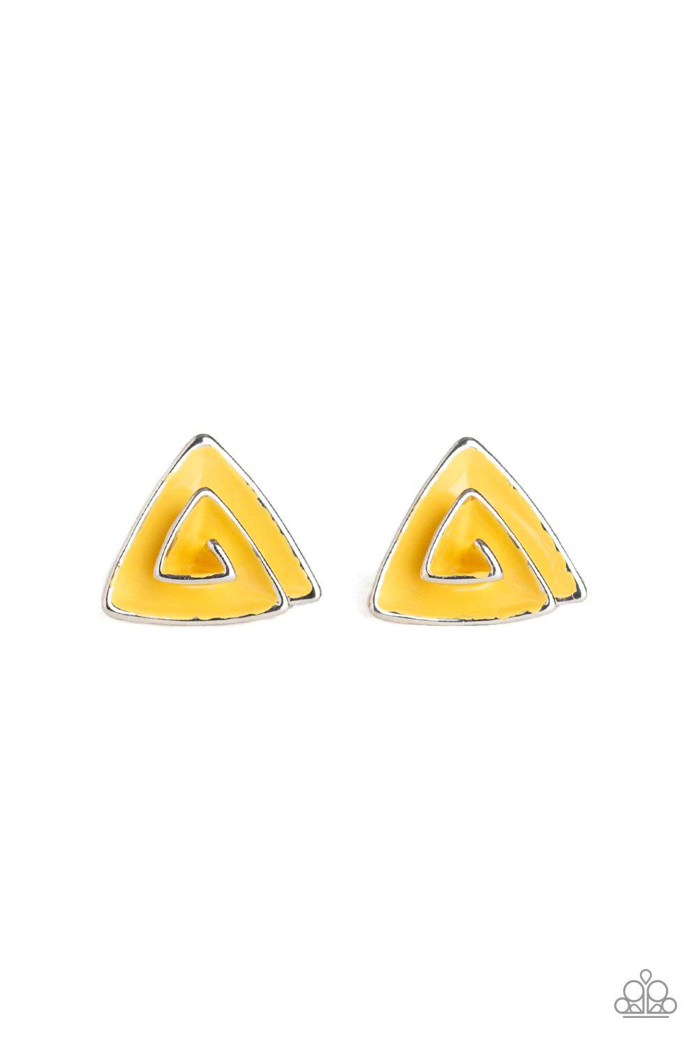 On Blast - Yellow Triangular Frame Post Earrings - Paparazzi Accessories - GlaMarous Titi Jewels