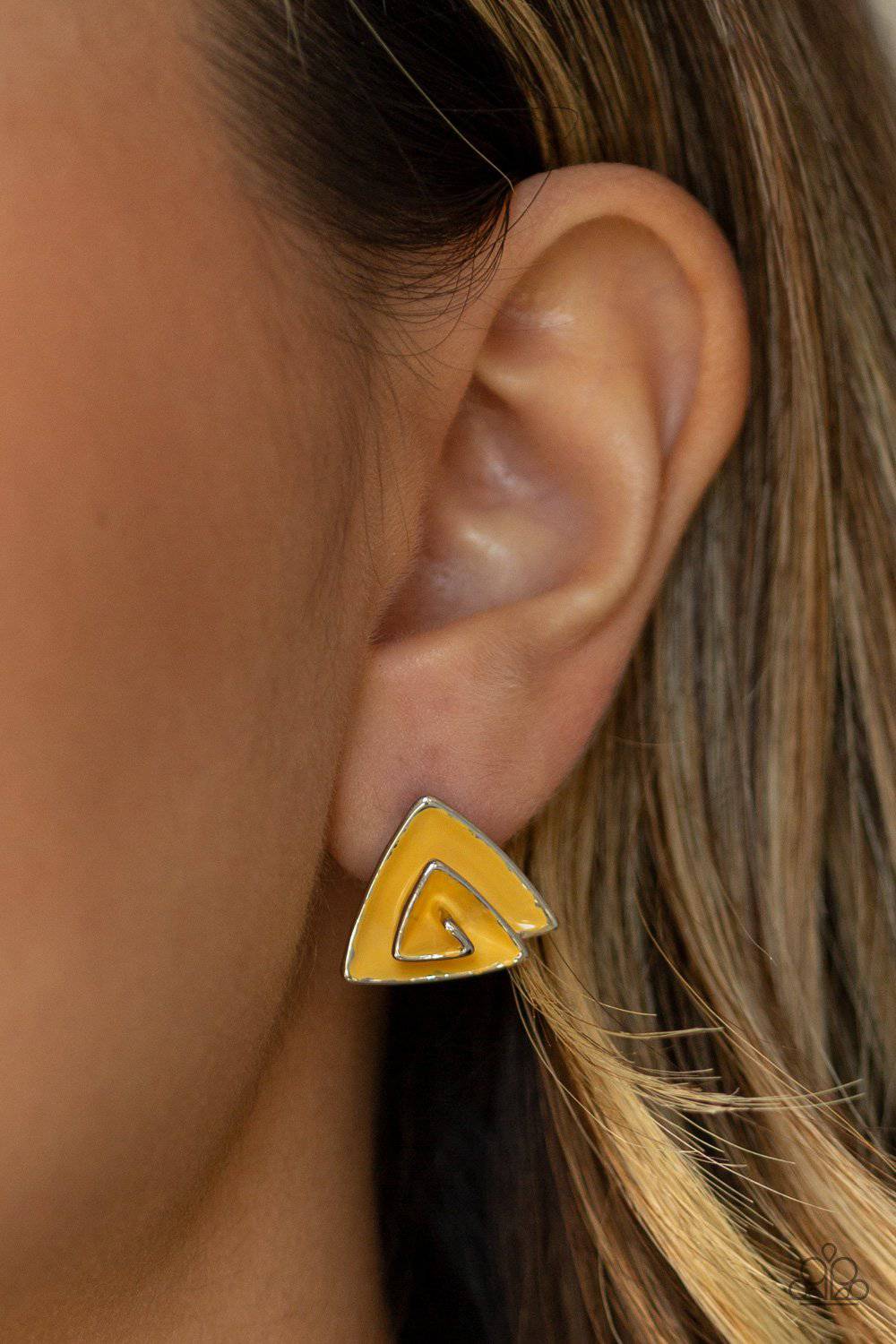 On Blast - Yellow Triangular Frame Post Earrings - Paparazzi Accessories - GlaMarous Titi Jewels