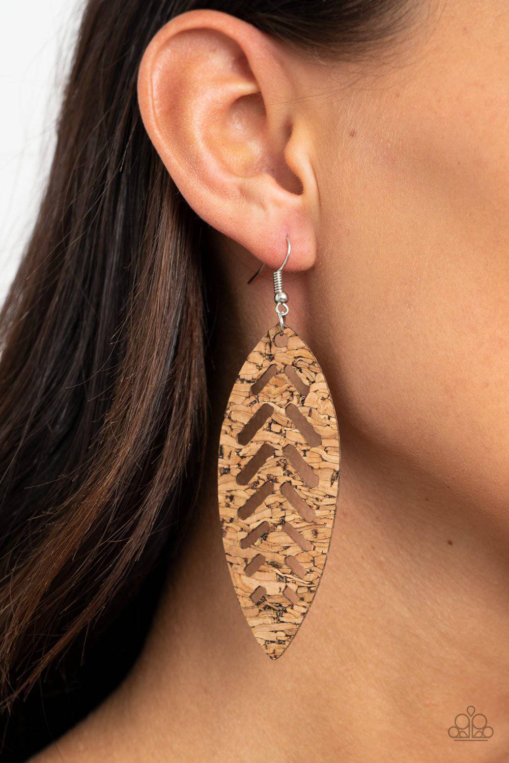 Youre Such A CORK - Leafy Stenciled Pattern Earrings - Paparazzi Accessories - GlaMarous Titi Jewels