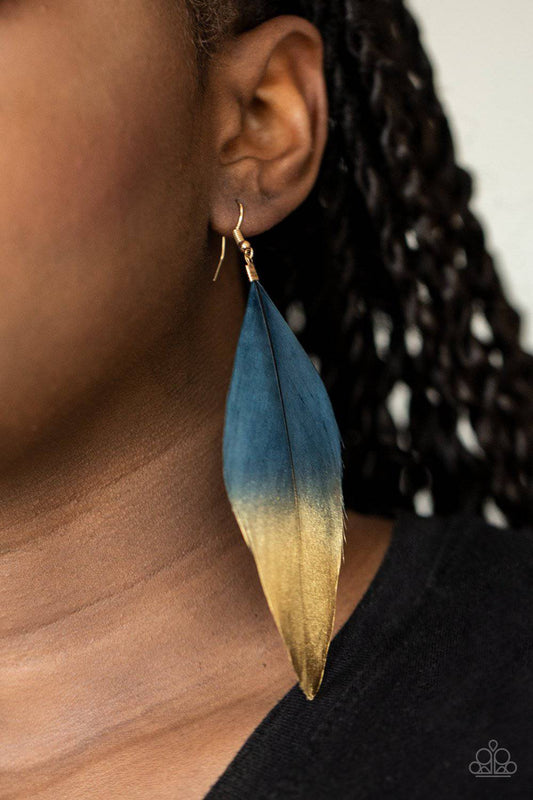 Fleek Feathers - Blue and Gold Feather Earrings - Paparazzi Accessories - GlaMarous Titi Jewels