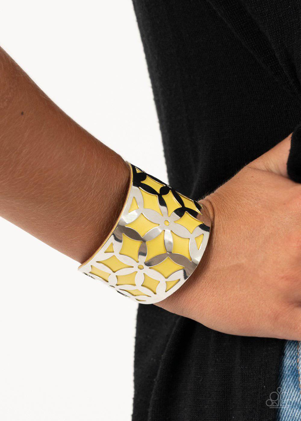 Garden Fiesta - Yellow Leather Cuff Bracelet - Paparazzi Accessories - GlaMarous Titi Jewels