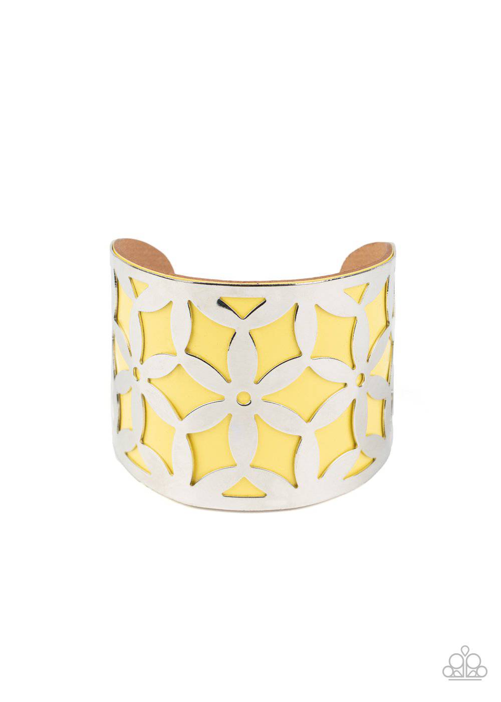 Garden Fiesta - Yellow Leather Cuff Bracelet - Paparazzi Accessories - GlaMarous Titi Jewels