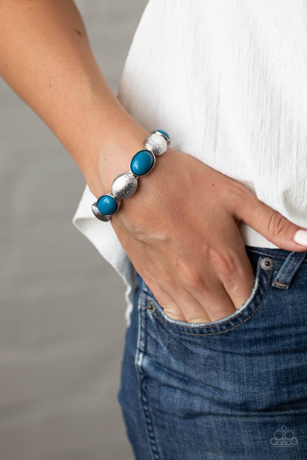 Decadently Dewy - Blue and Silver Stretchy Bracelet - Paparazzi Accessories - GlaMarous Titi Jewels