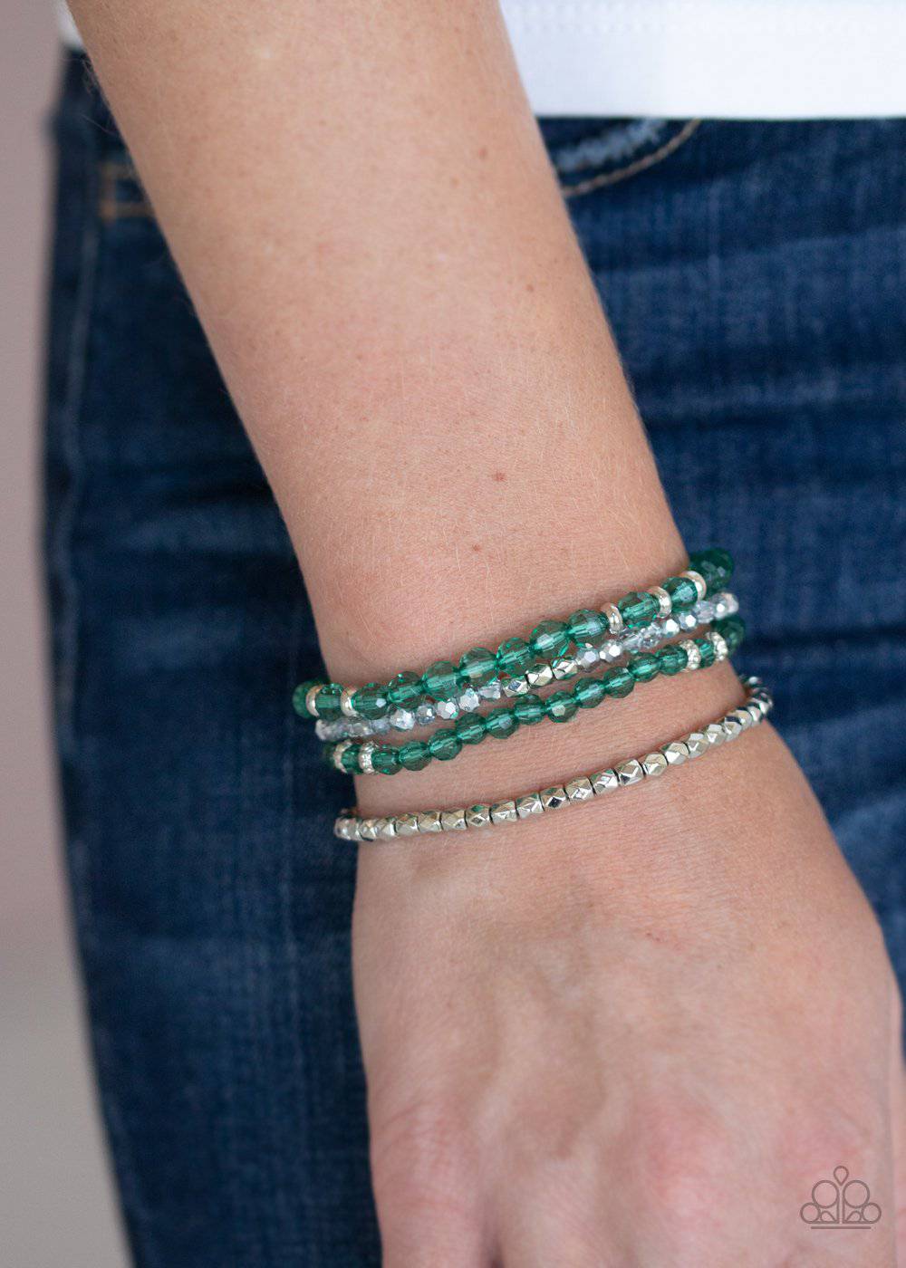 Crystal Crush - Green and Metallic Crystal-like Stretchy Bracelet - Paparazzi Accessories - GlaMarous Titi Jewels