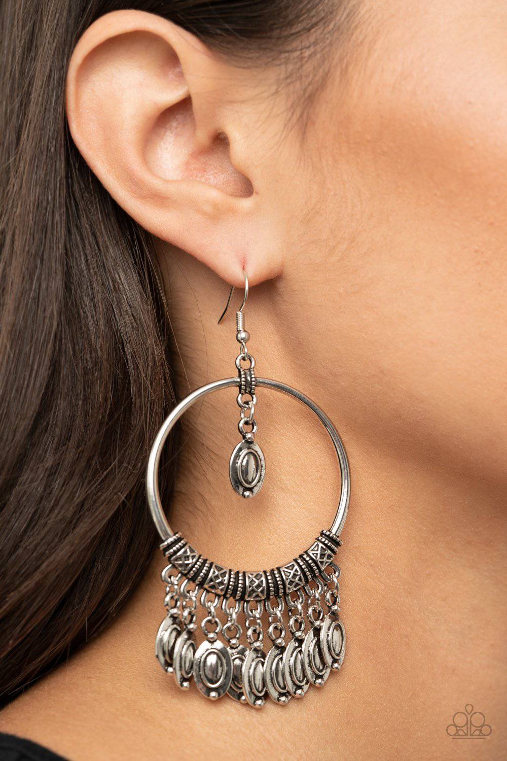 Metallic Harmony - Silver Tribal Fringe Earrings - Paparazzi Accessories - GlaMarous Titi Jewels