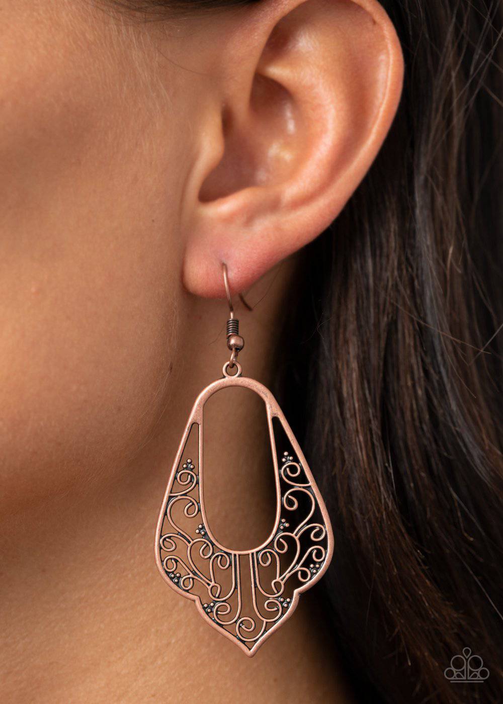 Grapevine Glamour - Copper Filigree Earrings - Paparazzi Accessories - GlaMarous Titi Jewels