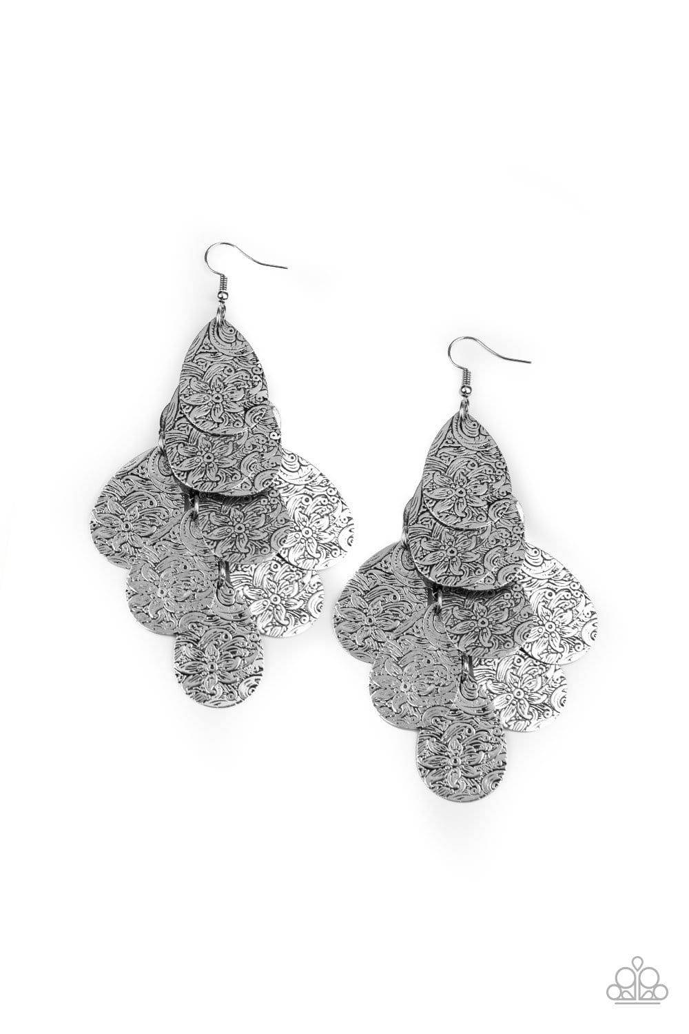 Hibiscus Harmony - Silver Floral Teardrop Earrings - Paparazzi Accessories - GlaMarous Titi Jewels