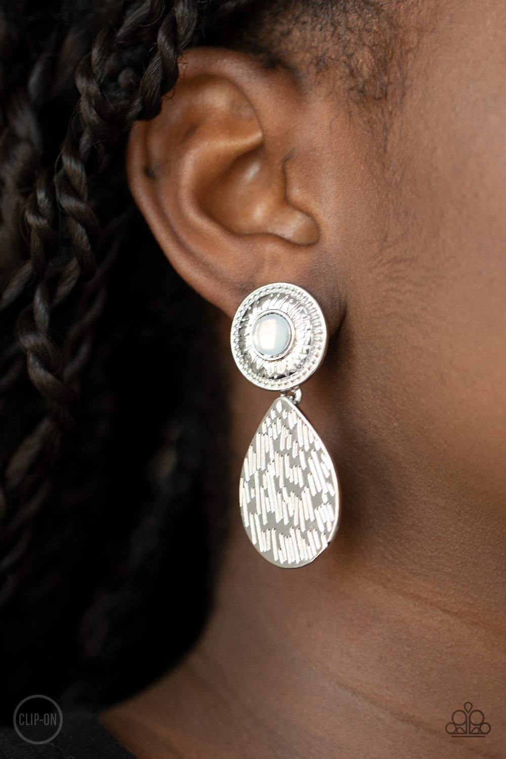 Emblazoned Edge - White and Silver Clip-On Earrings - Paparazzi Accessories - GlaMarous Titi Jewels