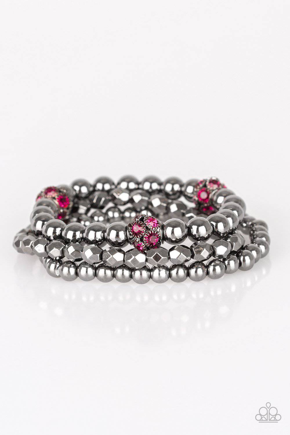 Noticeably Noir - Pink Rhinestone and Gunmetal Stretchy Bracelet - Paparazzi Accessories - GlaMarous Titi Jewels