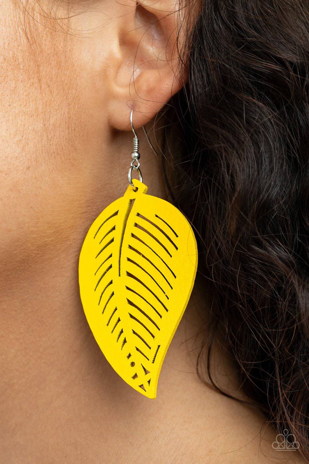 Tropical Foliage - Yellow Wooden Leafy Earrings - Paparazzi Accessories - GlaMarous Titi Jewels