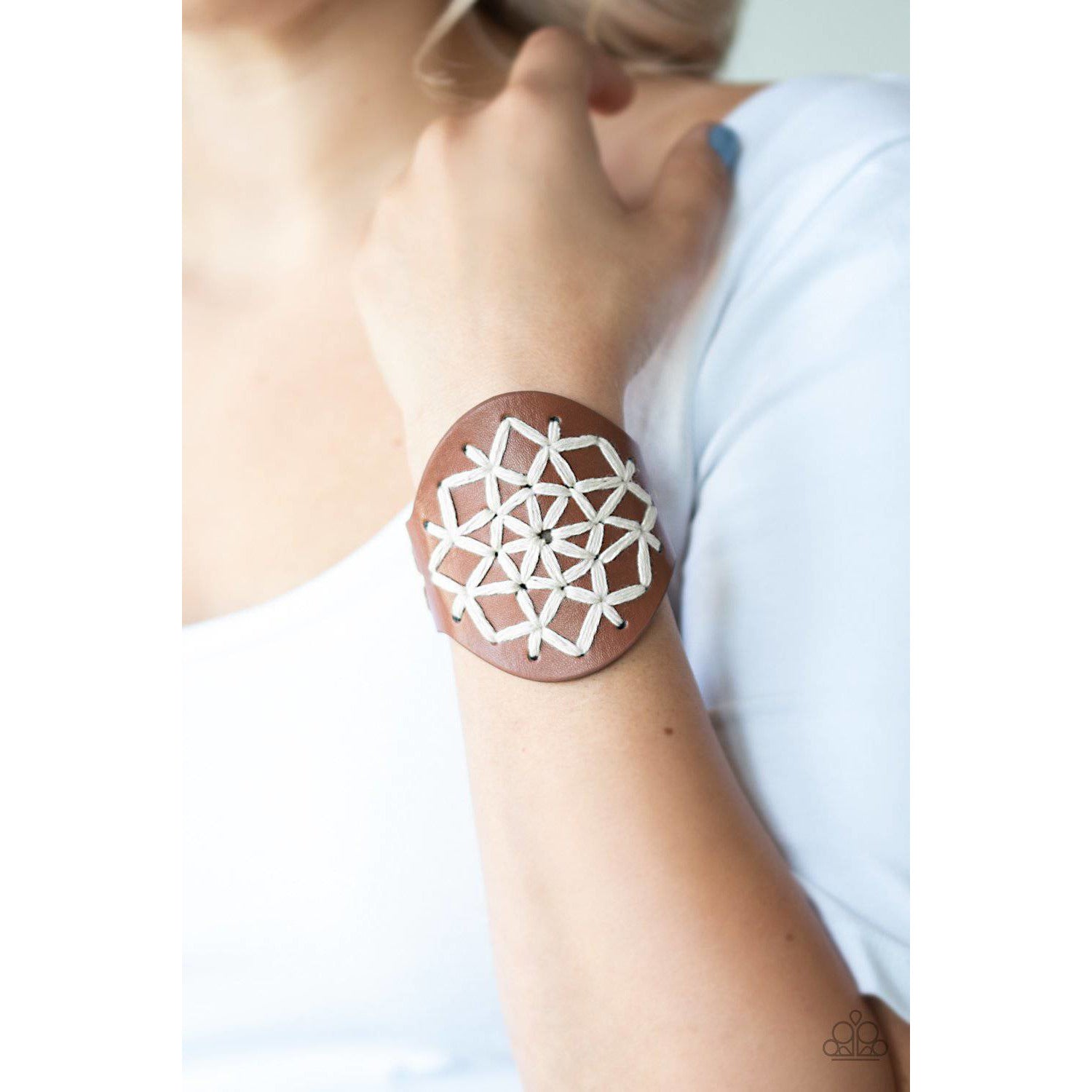 A Cross-Stitch In Time - Brown Leather Wrap Bracelet - Paparazzi Accessories - GlaMarous Titi Jewels