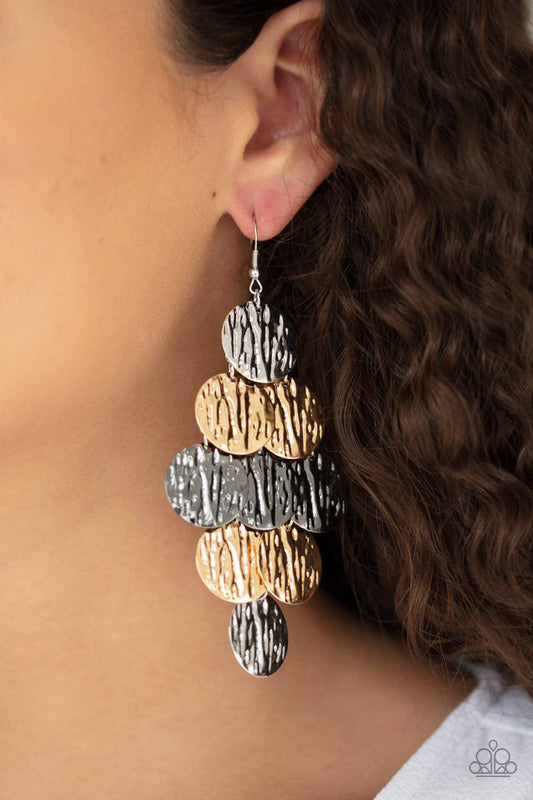 Uptown Edge - Gold, Gunmetal and Silver Disc Earrings - Paparazzi Accessories - GlaMarous Titi Jewels