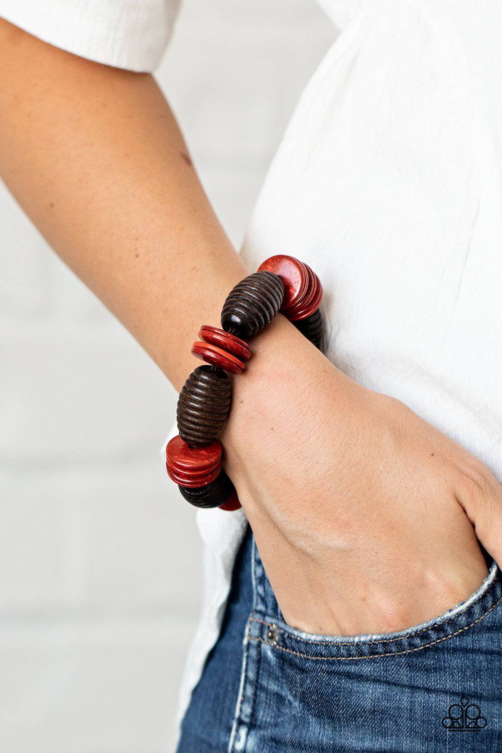 Caribbean Castaway - Red and Brown Wooden Stretchy Bracelet - Paparazzi Accessories - GlaMarous Titi Jewels
